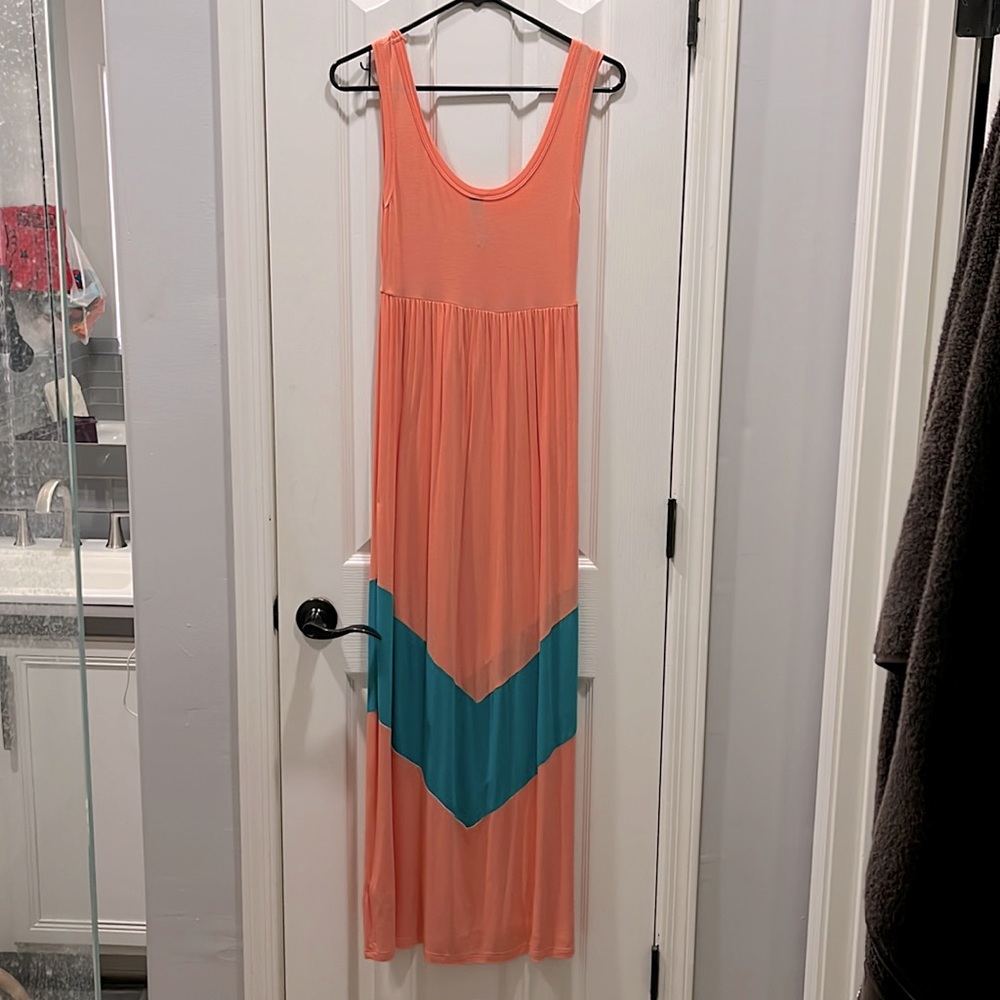 Salmon and turquoise maxi dress